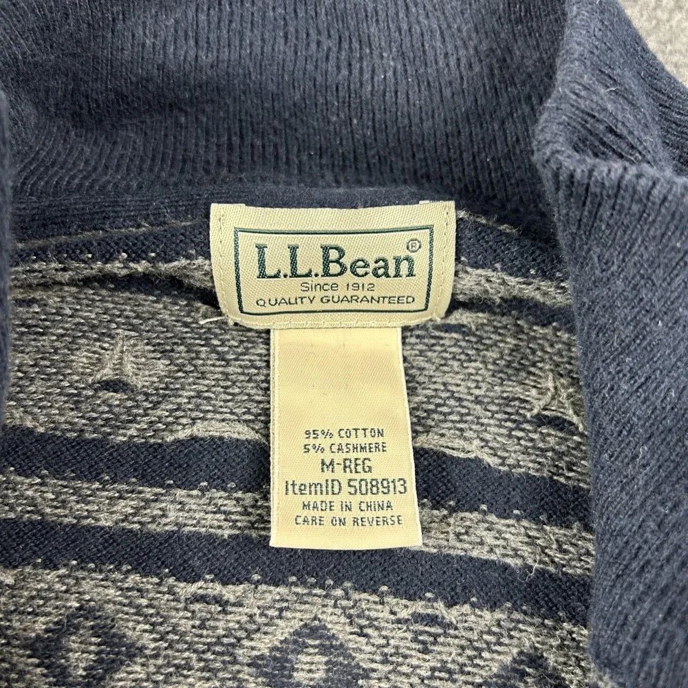 L.L.Bean Sweater Mens Medium Blue Fair Isle Quarter Zip Cotton Cashmere Pullover